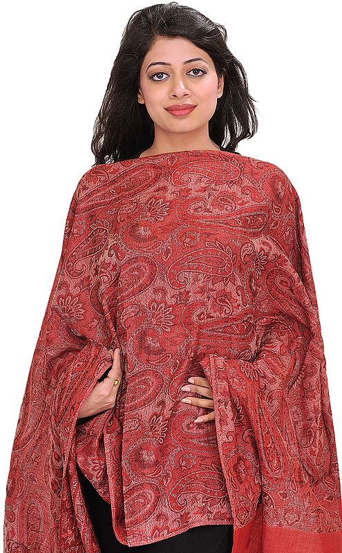 Mineral-Red Kani Reversible Stole with Woven Paisleys and Solid Border