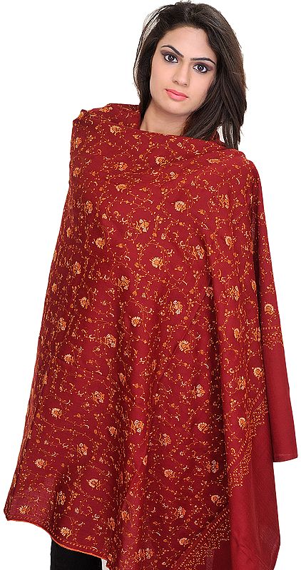 Cordovan-Red Tusha Shawl from Kashmir with Sozni Hand-Embroidery All-Over