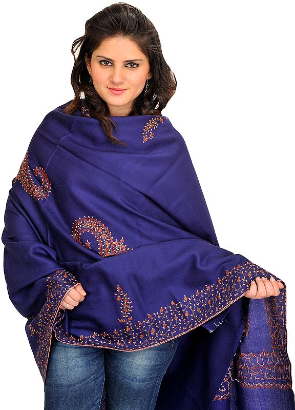 Ribbon-Blue Tusha Shawl from Kashmir with Sozni Hand-Embroidery