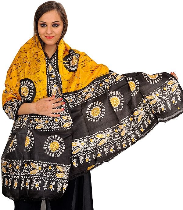 Yellow and Black Batik Dyed Shawl with Printed Chakras