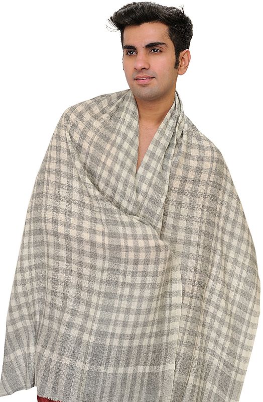 Off-White and Gray Men's Cashmere Scarf from Nepal with Woven Checks