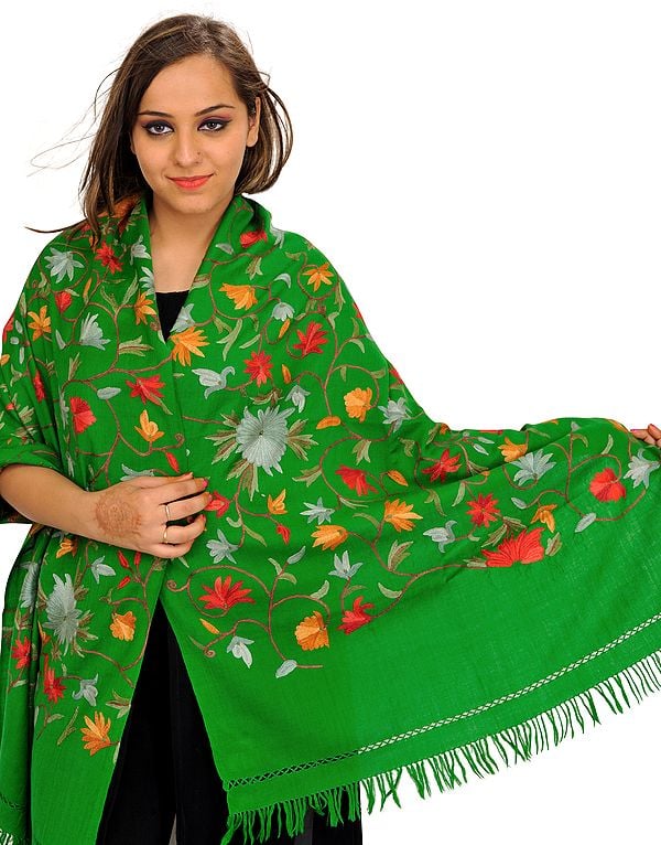 Mint-Green Stole from Kashmir with Aari Hand-Embroidered Flowers All-Over