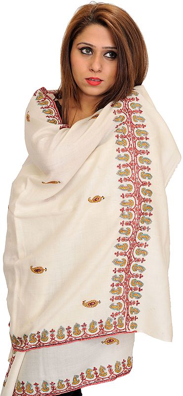 Ivory Tusha Stole from Kashmir with Sozni Hand-Embroidery on Border and Paisleys Bootis