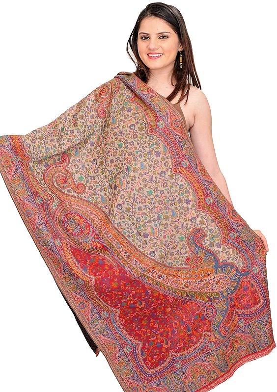 Gray-Morn and Red Kani Jamawar Stole from Amritsar with Woven Paisleys