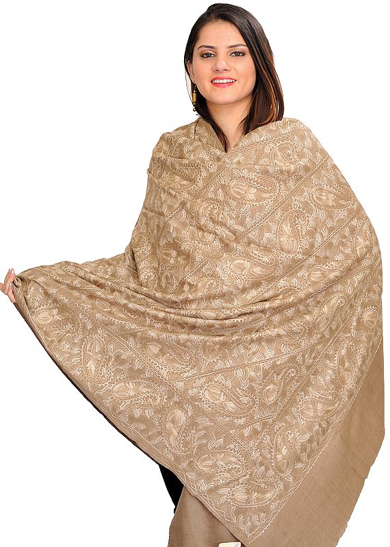 Light-Taupe Shawl from Amritsar with Densely Embroidered Paisleys