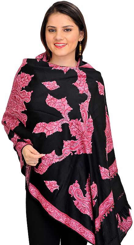 Black and Pink Stole from Kashmir with Aari Hand-Embroidered Paisleys