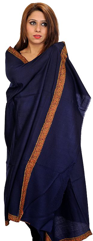 Eclipse-Blue Plain Tusha Shawl from Kashmir with Sozni Hand-Embroidery on Border