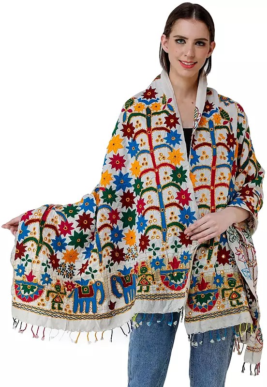 Shawl from Kutch with Multi-Thread Embroidered Flowers and Mirrors