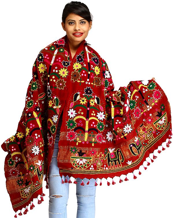 Maroon Shawl from Kutch with Multi-Thread Embroidered Flowers and Mirrors