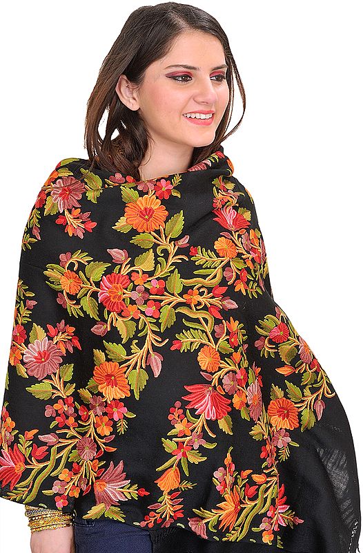 Jet-Black Stole from Kashmir with Floral Aari-Embroidery by Hand