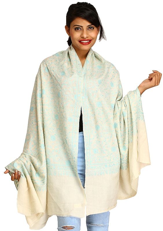Ivory Pashmina Tusha Shawl from Kashmir with Sozni Hand-Embroidery All-Over