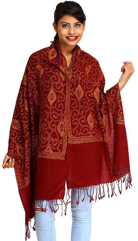 Oxblood-Red Sozni Hand-Embroidered Stole from Kashmir with Bootis