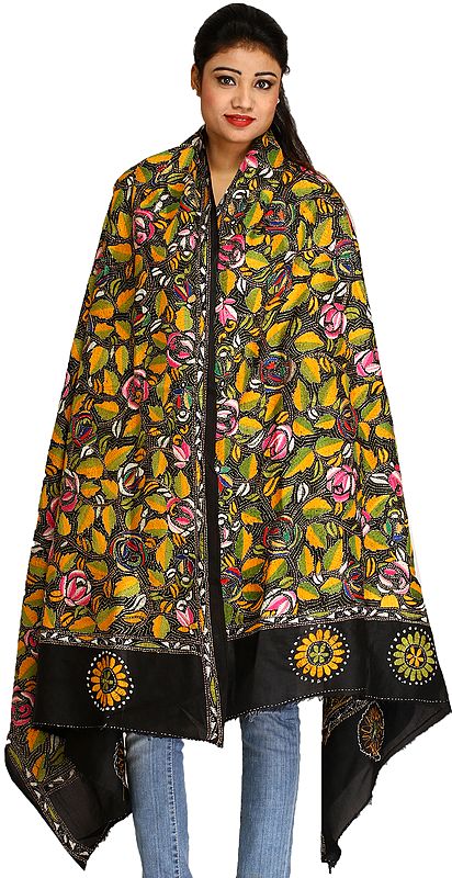 Jet-Black Dupatta from Kolkata with Kantha Hand-Embroidered Leaves