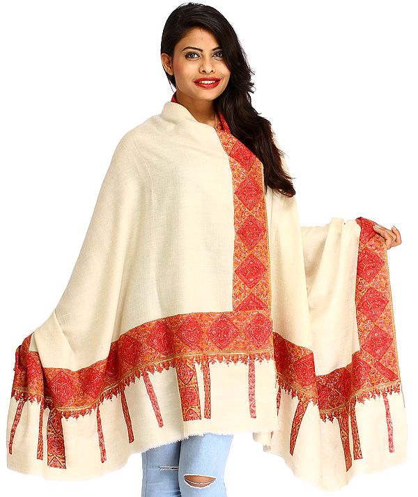 Off-White Pure-Pashmina Shawl from Kashmir with Sozni Hand-Embroidery on Border