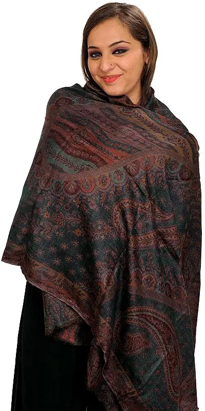 Dark-Green Reversible Pashmina Jamawar Stole