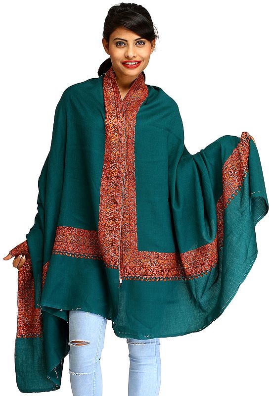 Teal-Green Plain Tusha Shawl from Kashmir with Sozni Hand-Embroidery on Border