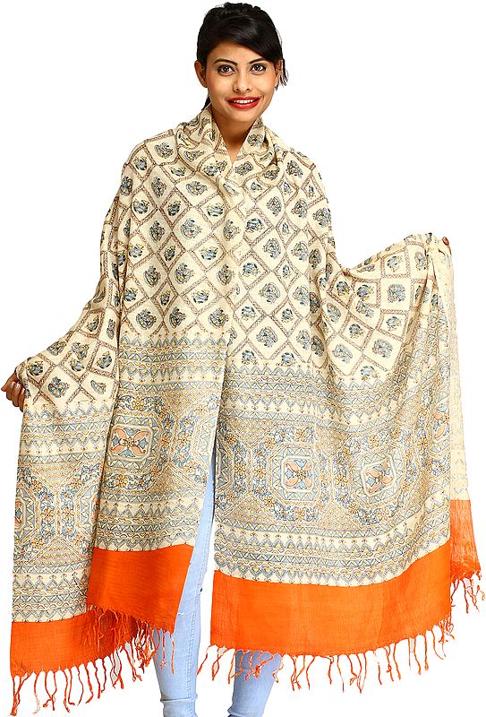 Almond-Oil Madhubani-Printed Dupatta from Bengal with Solid Border