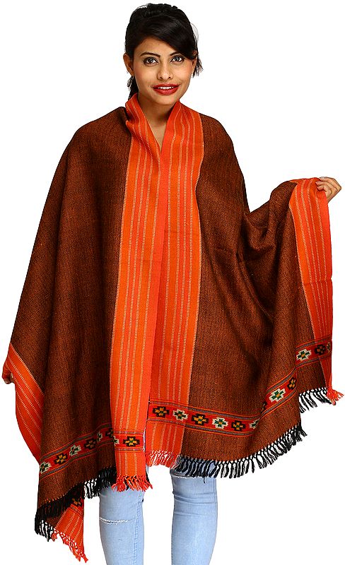Brown and Paprika Stole from Kullu with Thread Weave and Striped Border