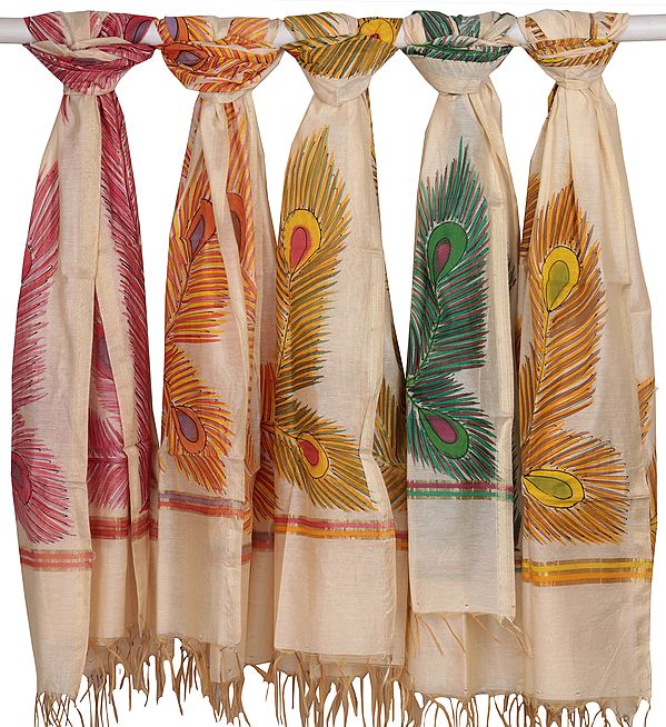 Lot of Five Dupattas from Banaras with Printed Peacock Feathers