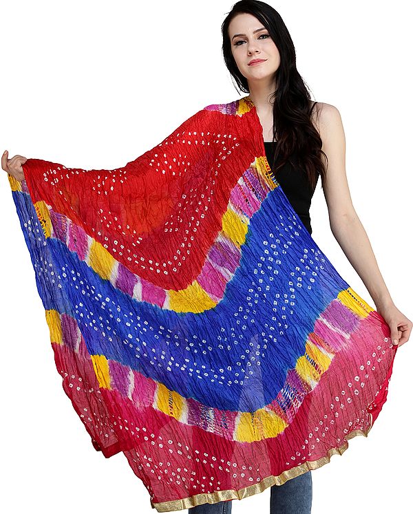 Multicolored Bandhani Tie-Dye Crinkled Dupatta with Gota Border