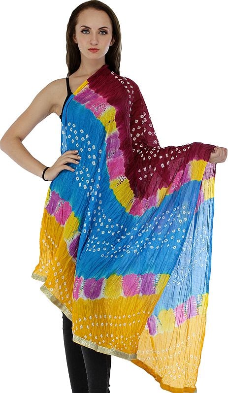 Multicolored Bandhani Tie-Dye Crinkled Dupatta with Gota Border