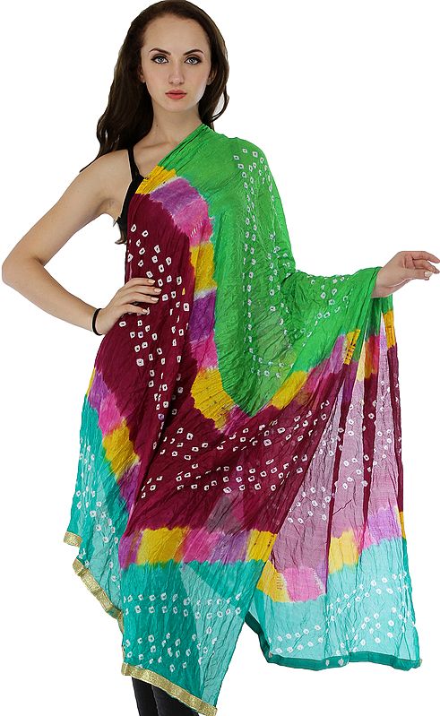 Multicolored Bandhani Tie-Dye Crinkled Dupatta with Gota Border