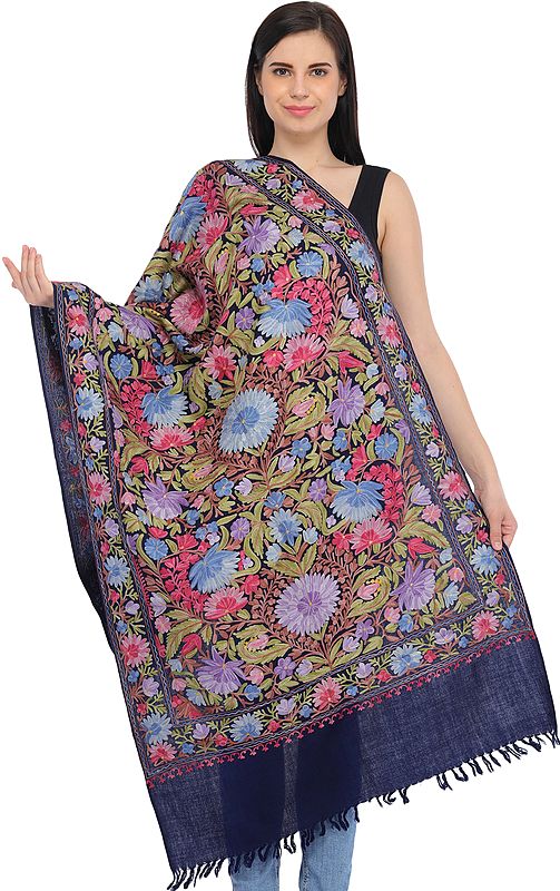 Patriot-Blue Kashmiri Stole with Aari-Embroidered Flowers
