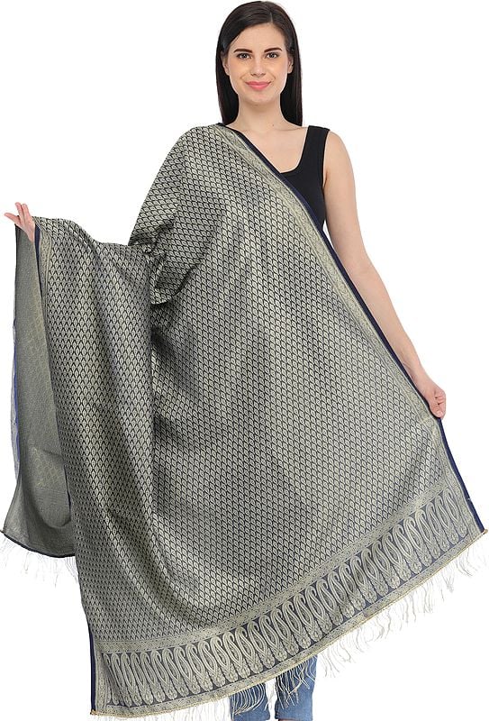 Folkstone-Gray Zari Brocaded Shawl from Banaras with Woven Small Bootis All-Over