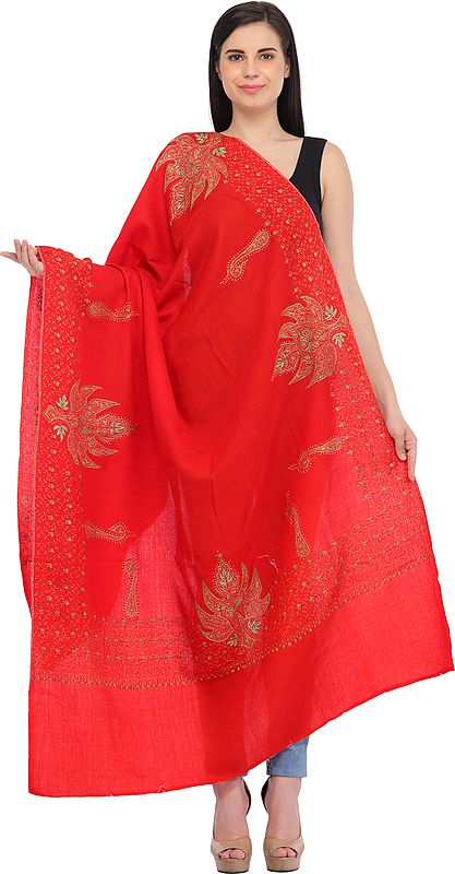 Bittersweet-Red Tusha Shawl from Kashmir with Sozni-Embroidery by Hand