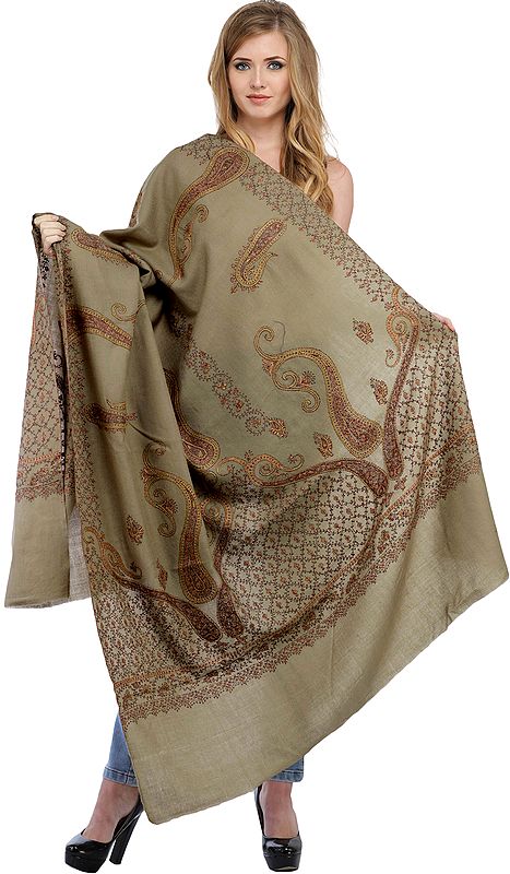 Tuffet-Gray Tusha Shawl from Kashmir with Needle Hand Embroidery