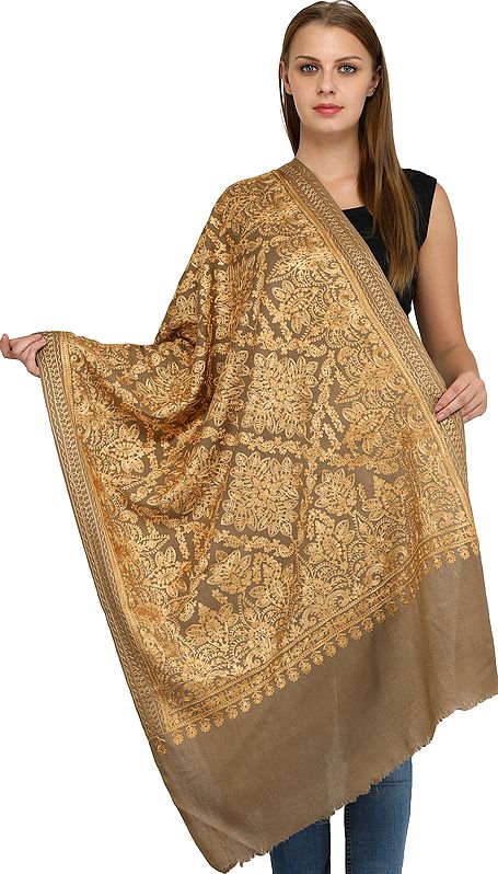 Wood-Smoke Shawl from Amritsar with Aari Embroidered Large Bootis