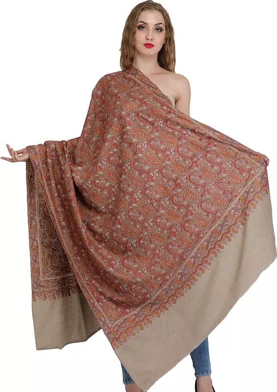 Light-Taupe Pure Pashmina Shawl from Kashmir with Sozni Floral Embroidery All-Over