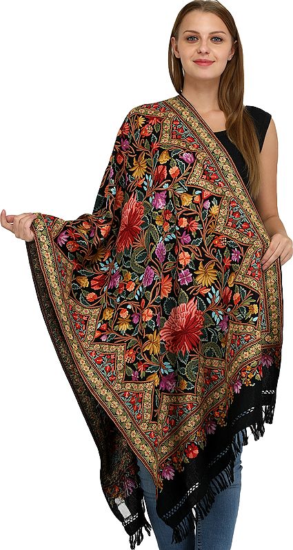 Ink-Black Stole from Kashmir with Aari Hand-Embroidered Flowers All-Over