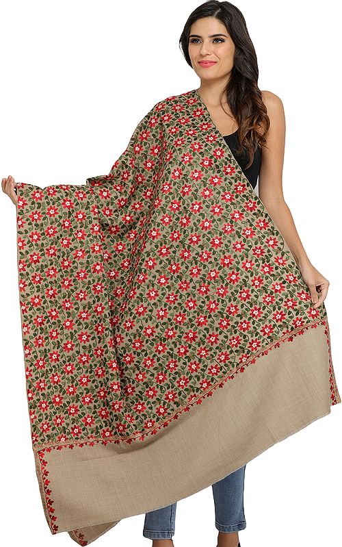 Light-Taupe Pure Wool Shawl from Amritsar with Aari Floral Embroidery All-Over