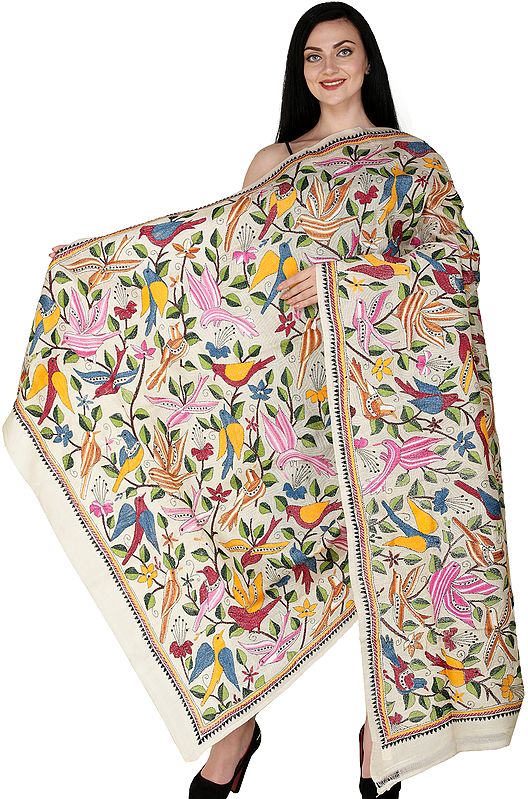 Italian-Straw Dupatta from Kolkata with Kantha Embroidered Flowers and Birds by Hand