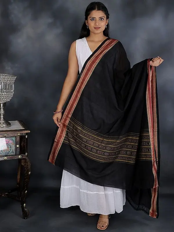 Caviar-Black Sambhalpuri Dupatta from Odisha with Ikat weave and Woven Border
