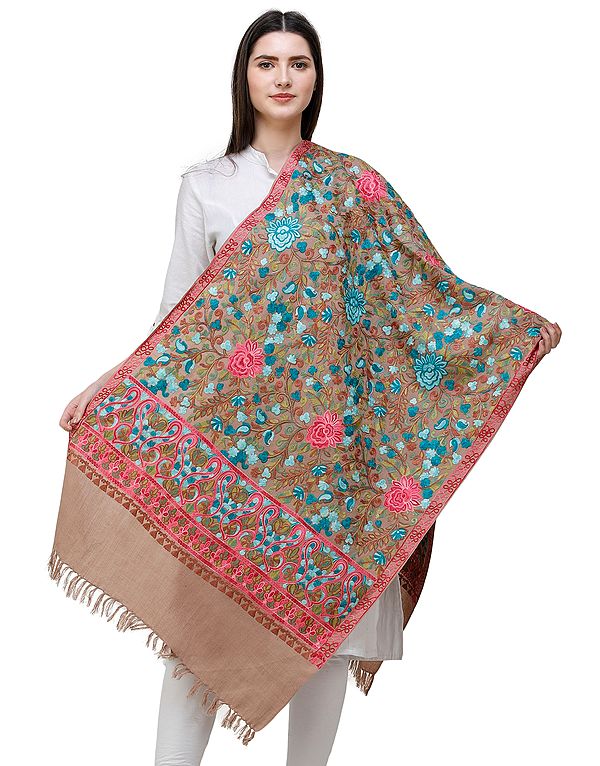 Stucco Woolen Stole from Kashmir with Multi-Color Aari-Embroidery