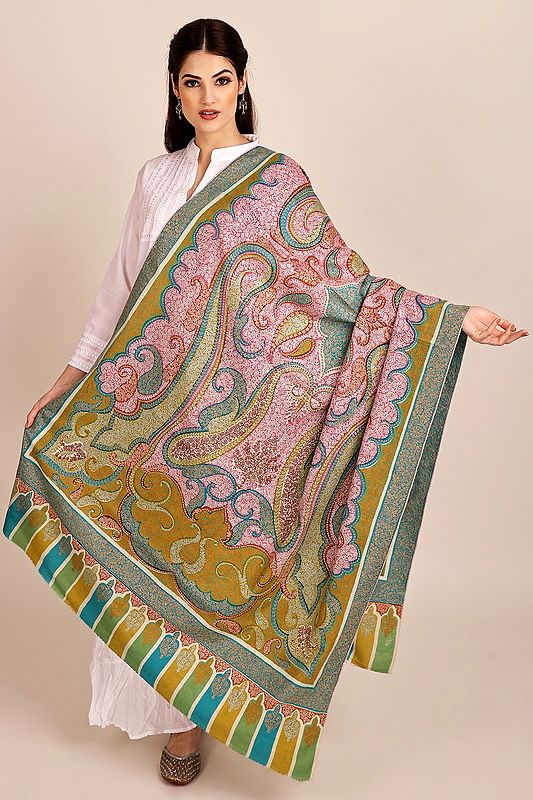 Multi-coloured Pure Pashmina Shawl from Kashmir with Sozni-Embroidery by Hand