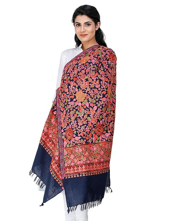 Navy-Blue Woolen Stole from Kashmir with Multi-Color Aari-Embroidery