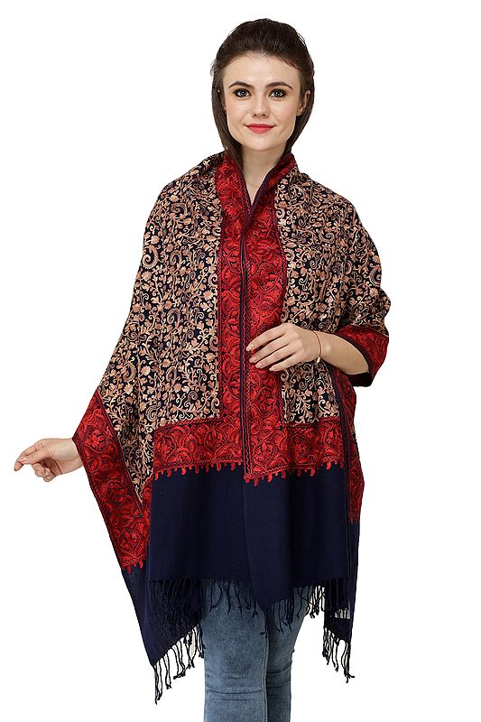 Bellweather-Blue Pure Wool Heavily Embroidered Stole from Amritsar