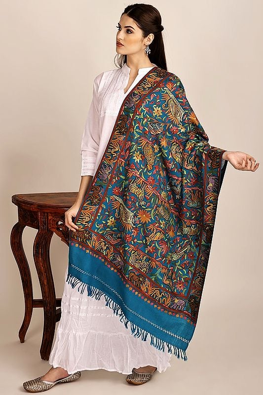 Layons-Blue Woolen Stole from Kashmir with Aari-Embroidered Animals by Hand