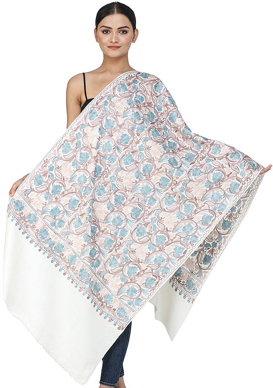 Snow-White Woolen Stole from Kashmir with Aari-Embroidery