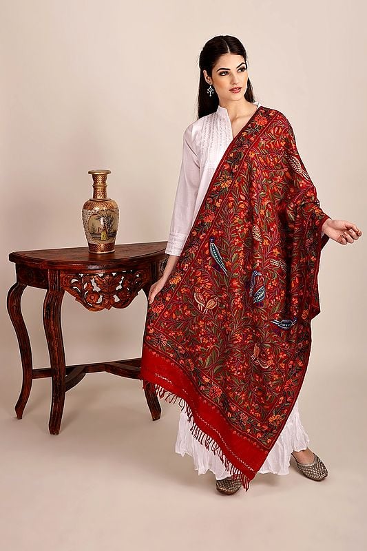 Ribbon-Red Woolen Stole from Kashmir with Aari-Embroideed Birds by Hand