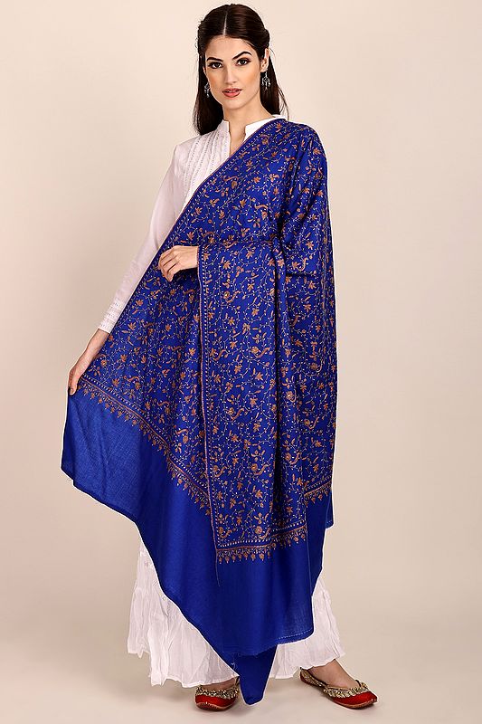 Bluing Tusha Shawl from Kashmir with Sozni Hand-Embroidered Flowers All-over