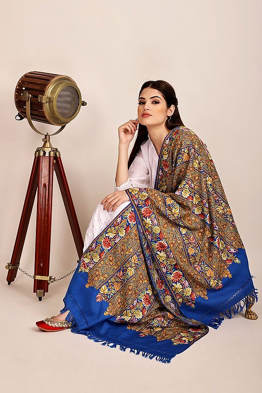 Princess Blue Woolen Stole from Kashmir with Aari-Embroidered Floral Vines By Hand
