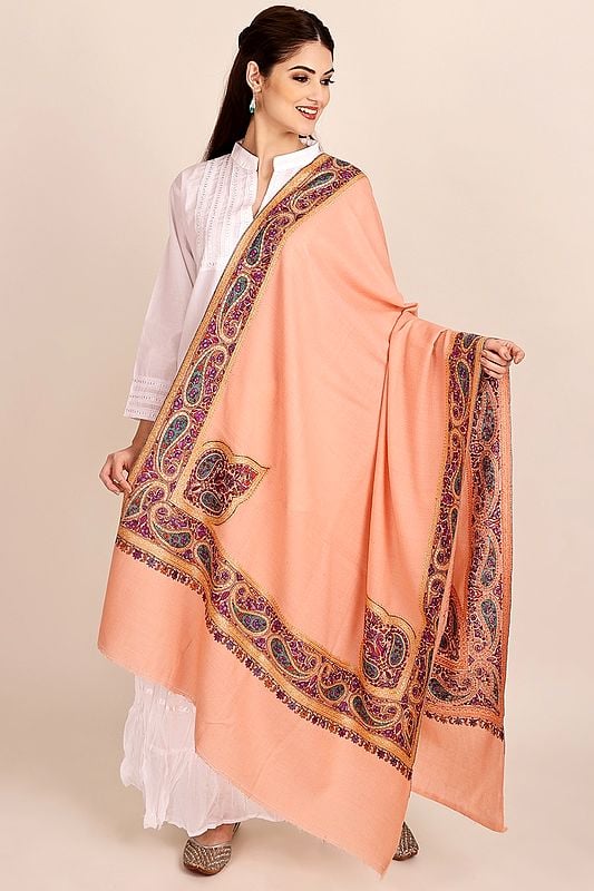 Peach-Amber Pure Pashmina Shawl from Kashmir with Sozni-Embroidery by Hand