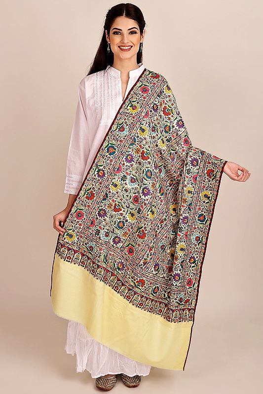 Pastel-Yellow Antiquated Pure Pashmina Shawl from Kashmir with Sozni-Embroidery by Hand