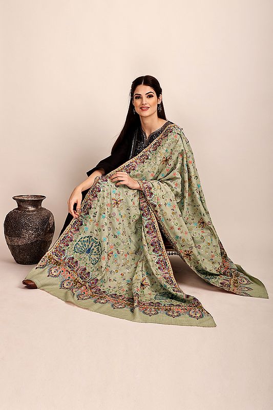 Feather-Gray Pure Pashmina Shawl from Kashmir with Sozni-Embroidered Floral Vines