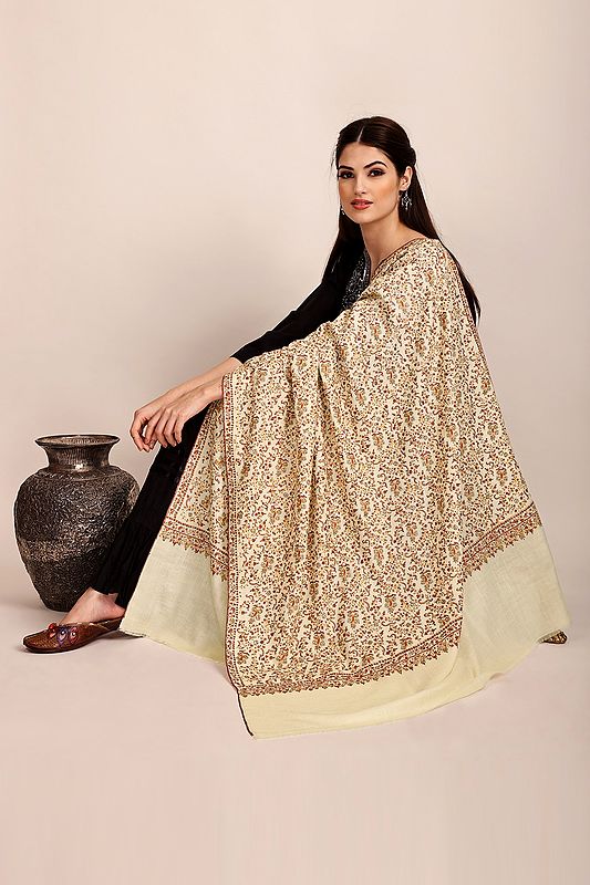 Summer-Sand Handloom Pure Pashmina Shawl from Kashmir with Sozni-Embroidery by Hand
