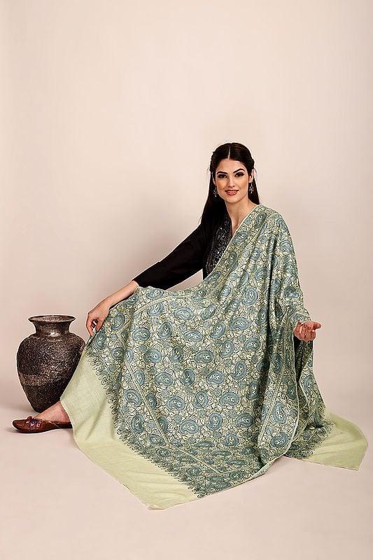 Ivory Pure Pashmina Shawl from Kashmir with Sozni-Embroidery by Hand